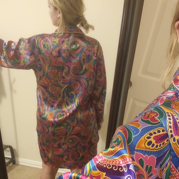 Aldofo kaleidoscope 80s 90s Paisley silky button down night shirt S/m - Picture 5 of 9